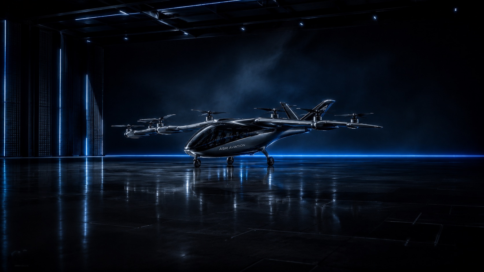ASR Aviation next-generation electric air taxi in a dark hangar